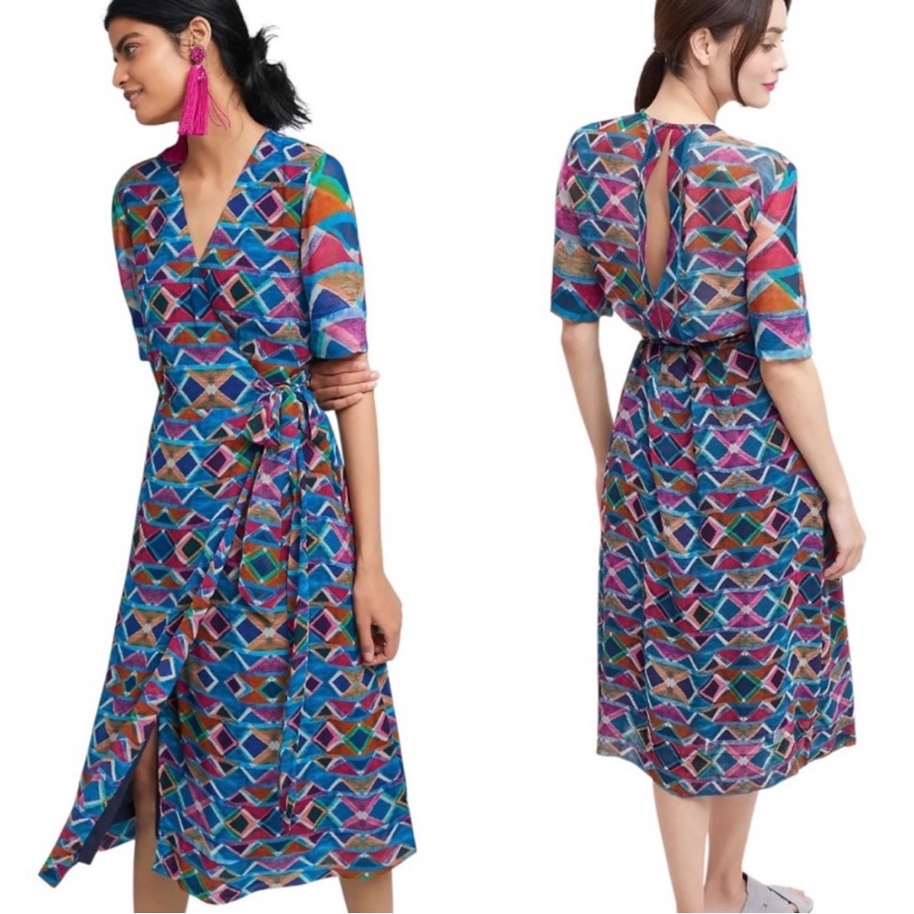 Anthropologie Colorful Geometric Pattern Wrap Dress
